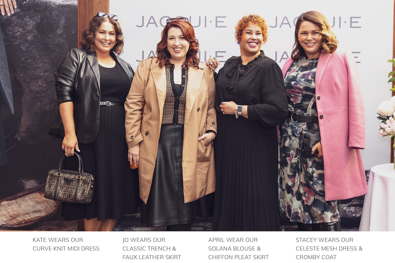 Kate wears our Curve Knit Midi Dress. jo wears our Classic Trench & Faux Leather Skirt. April wears our Solana Blouse & Chiffon Pleat Skirt. Stacey wears our Celeste Mesh Dress & Cromby Coat.