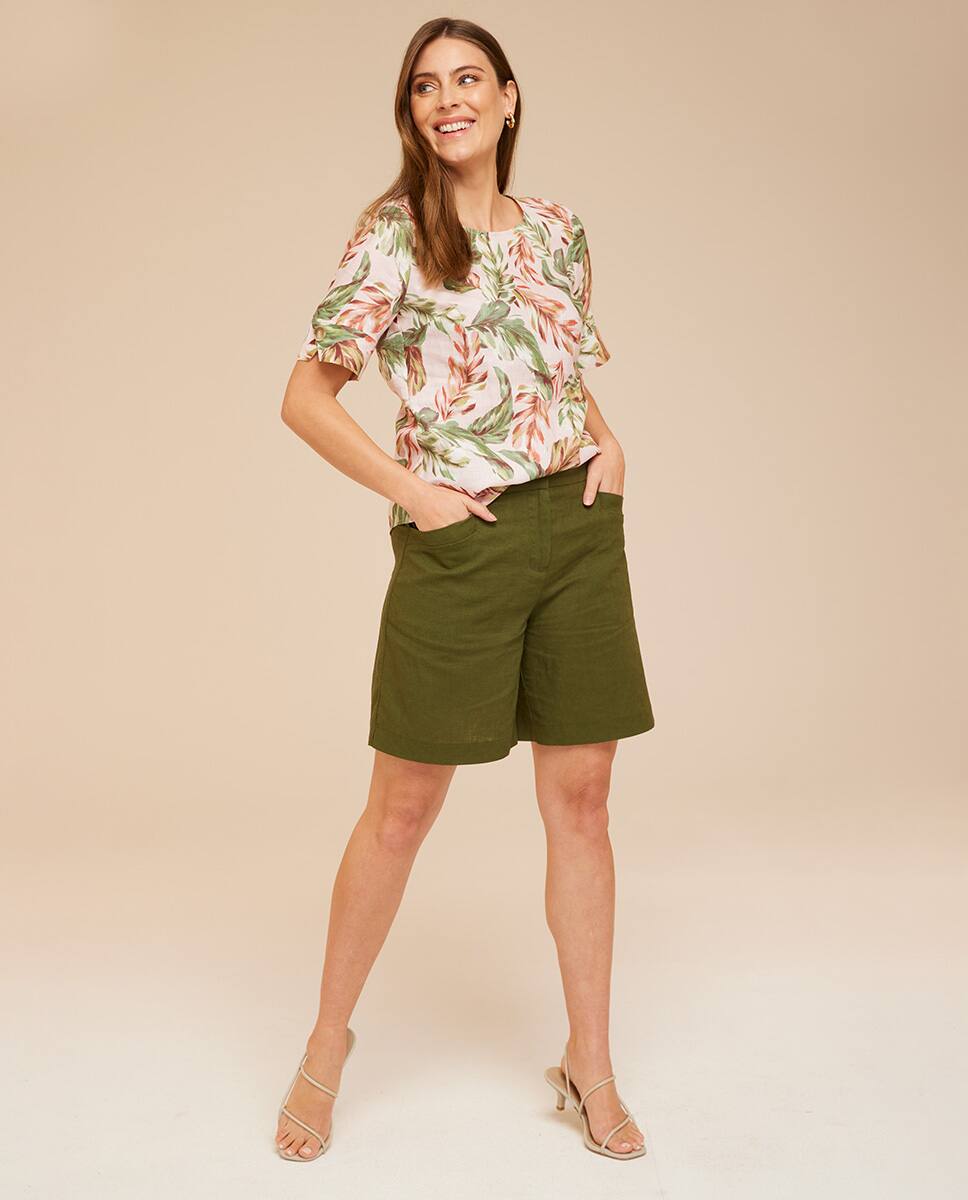 Green Soft Blend Linen Shorts