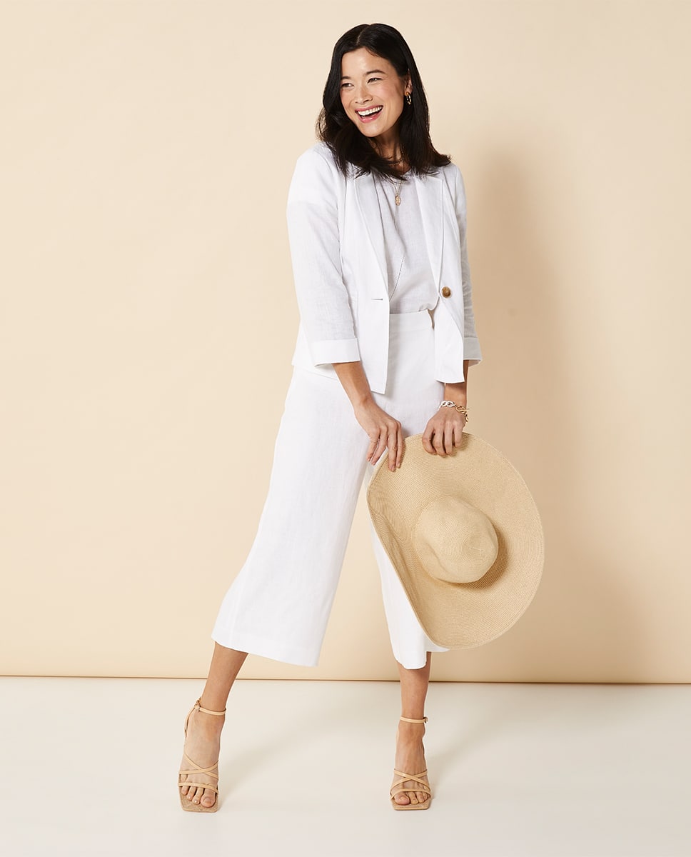 White Short Sleeve Linen Jacket and Culottes