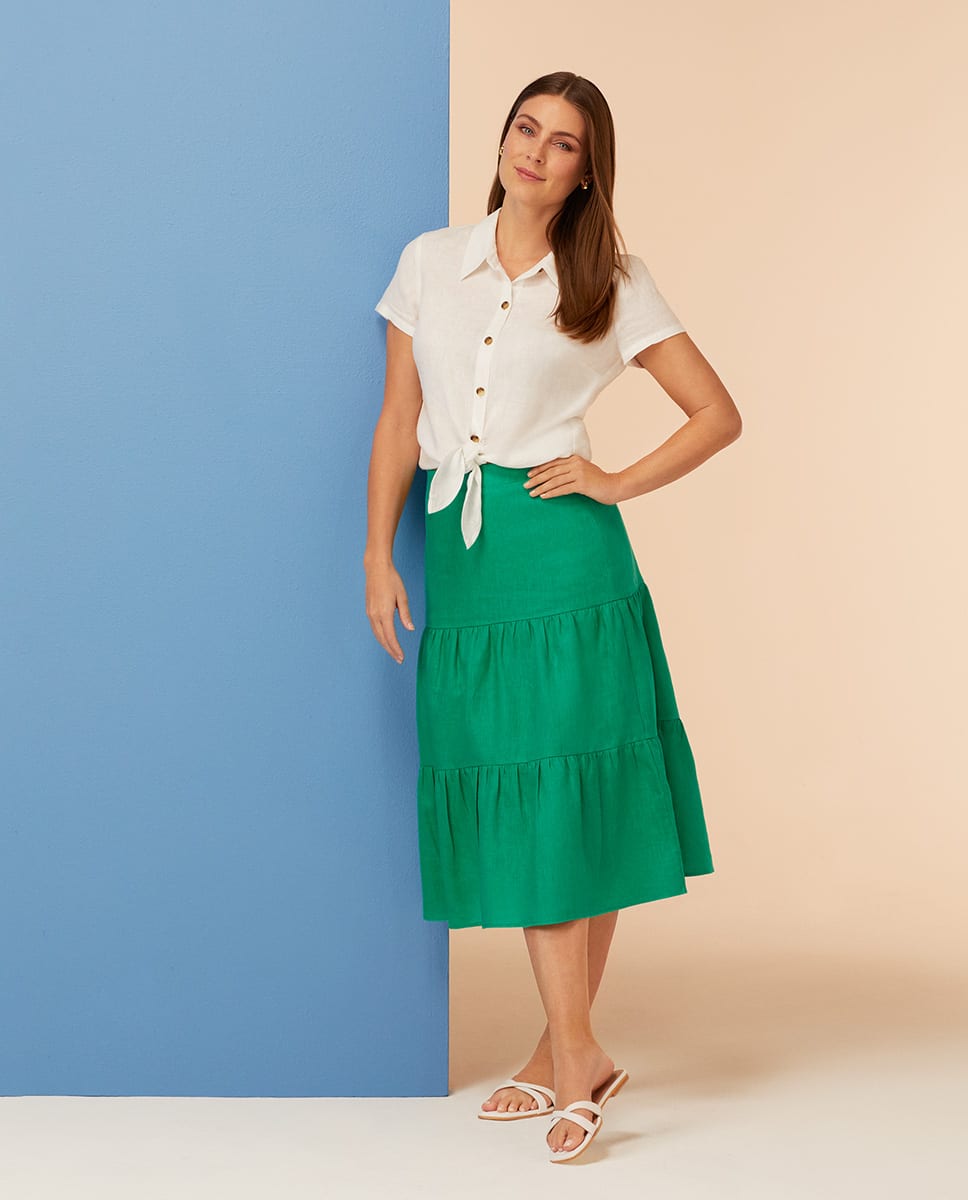 Tiered Linen Midi Skirt