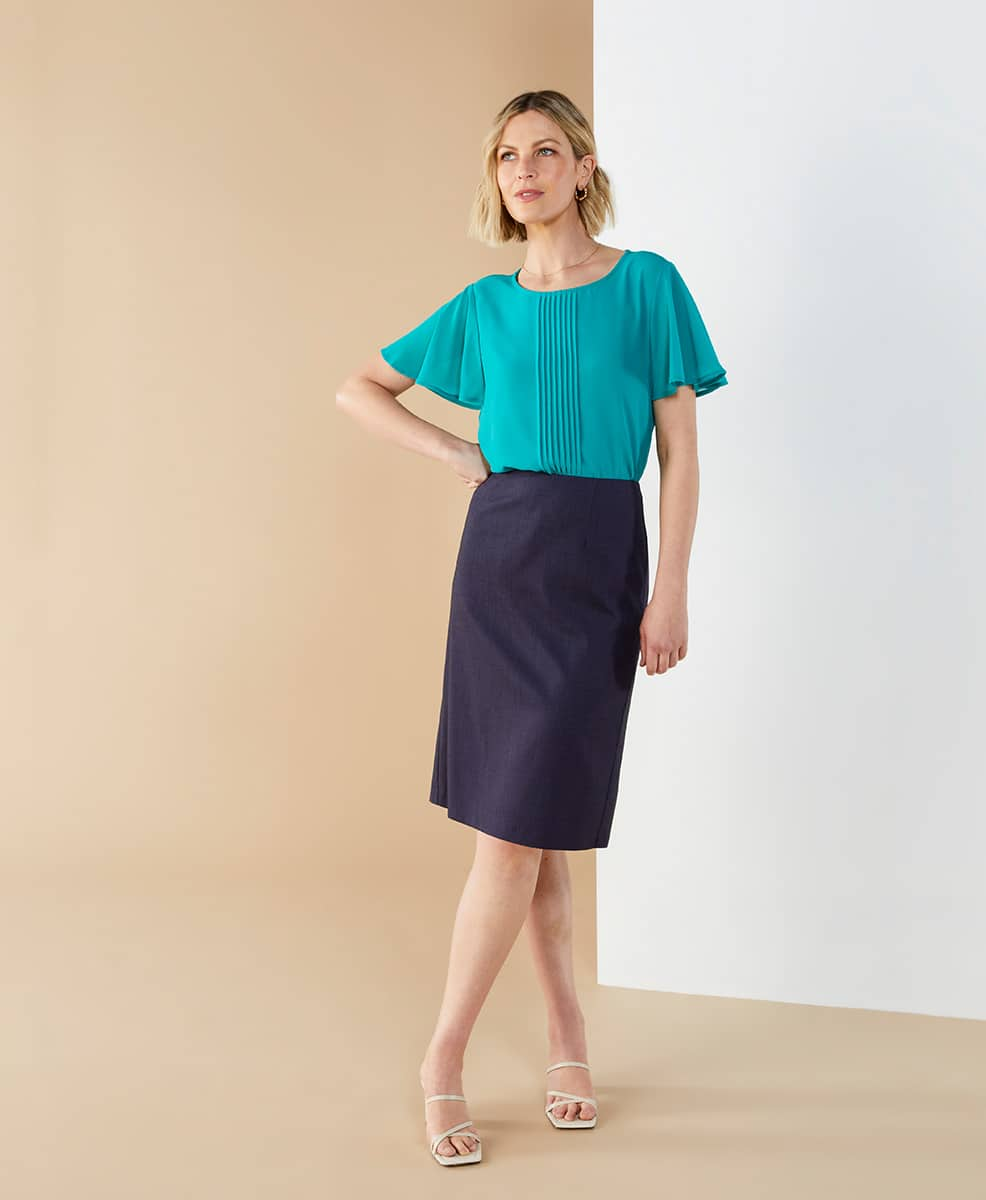 Jade Blouse and Navy A-Line Cotton Skirt