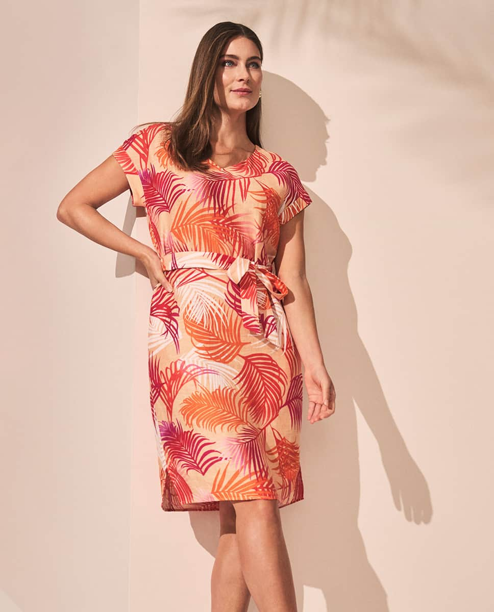 Sunset Palm Print Linen Dress