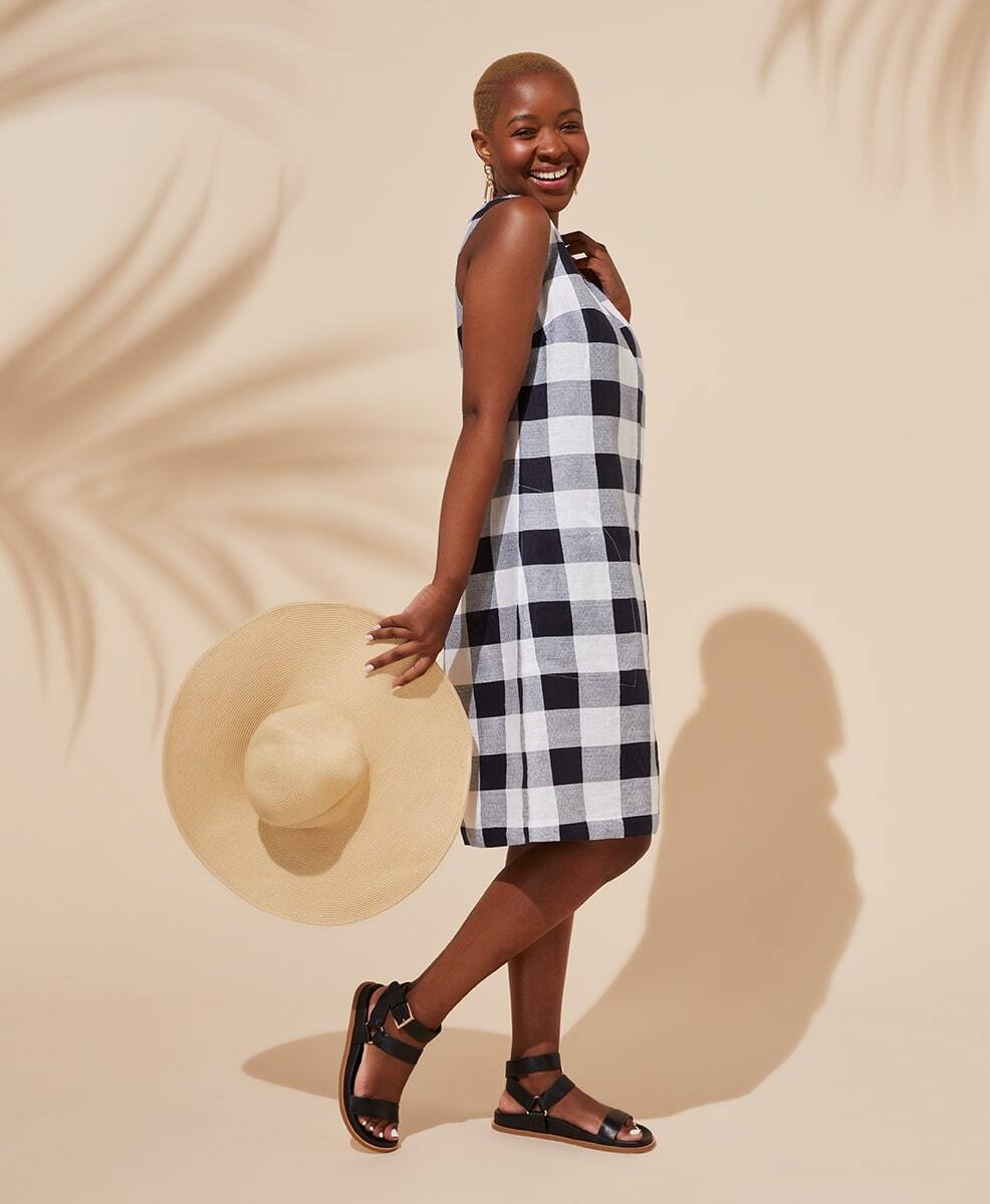 Navy and White Checkered Linen Dress