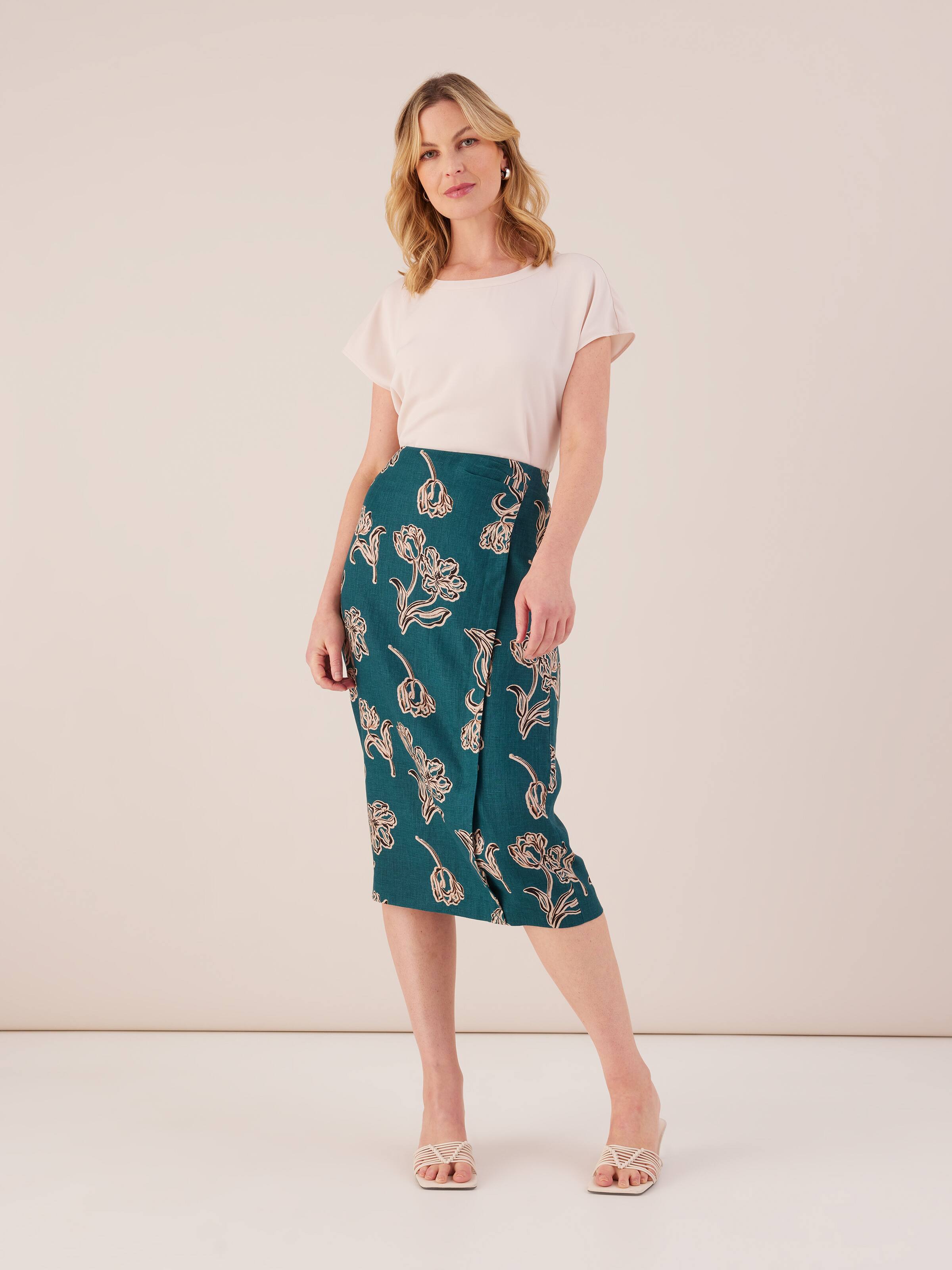 Print Linen Wrap Skirt