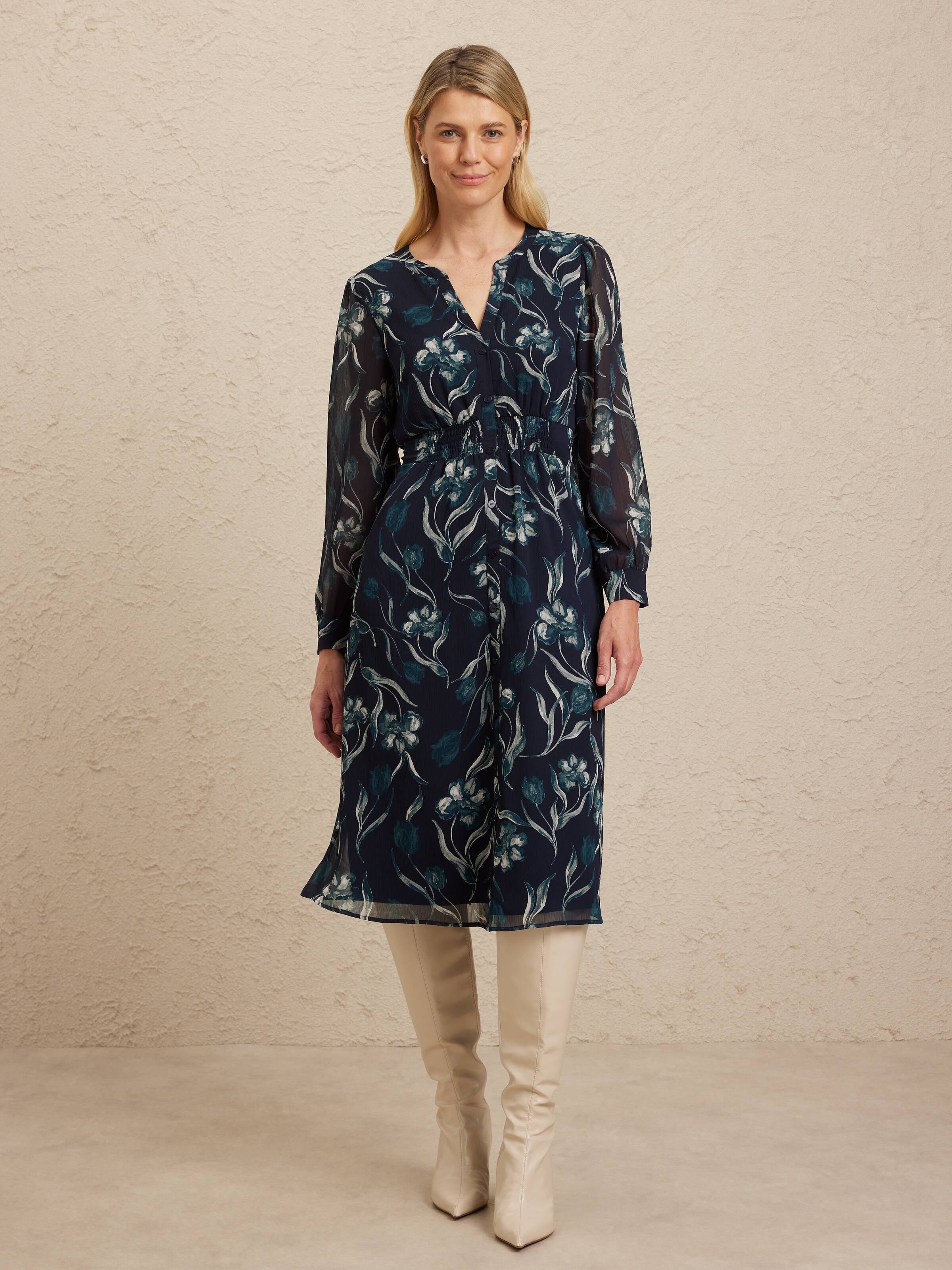 Long Sleeve Sacha Shirred Waist Midi Dress