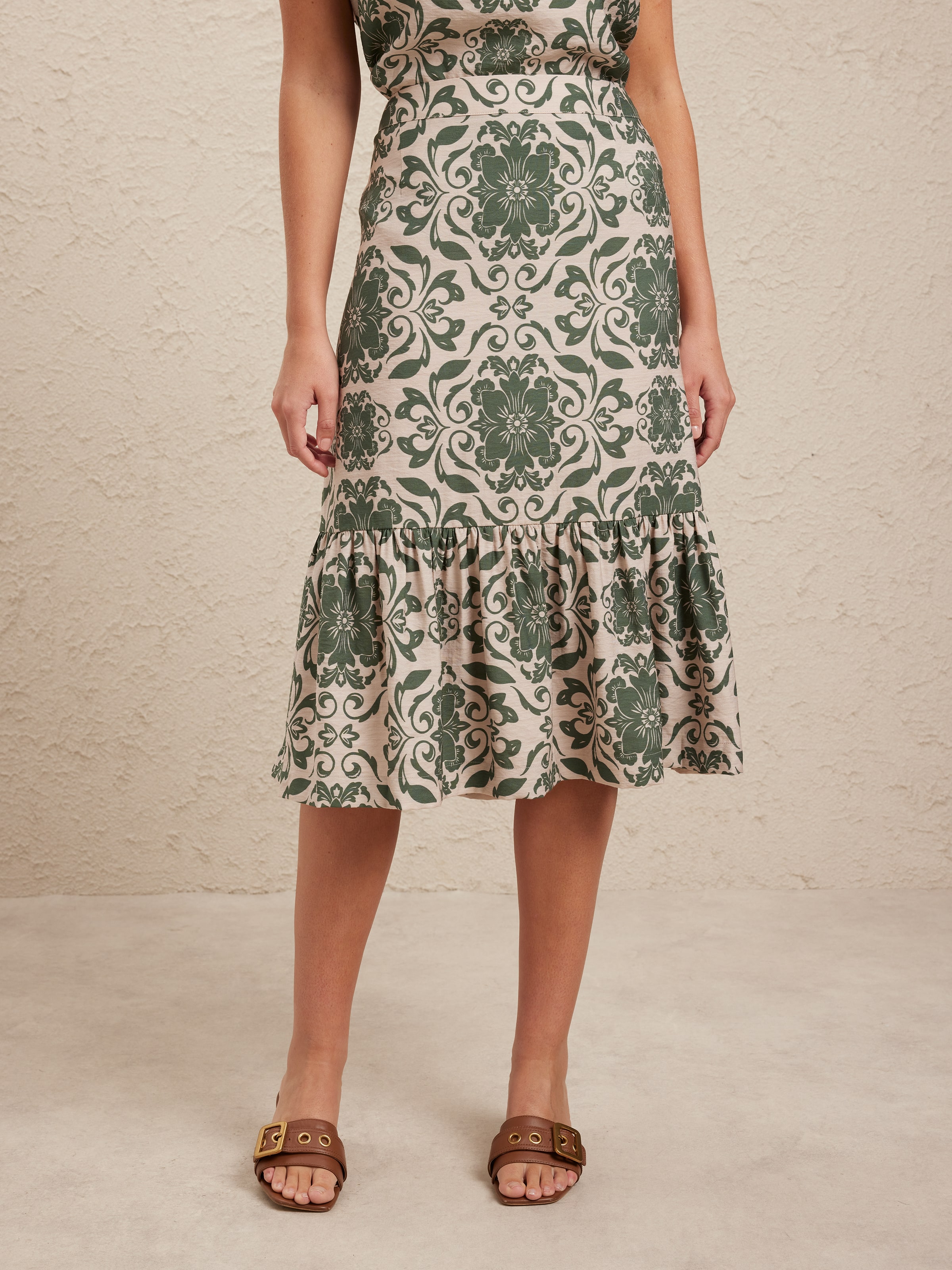 Textured Viscose Frill Hem Skirt