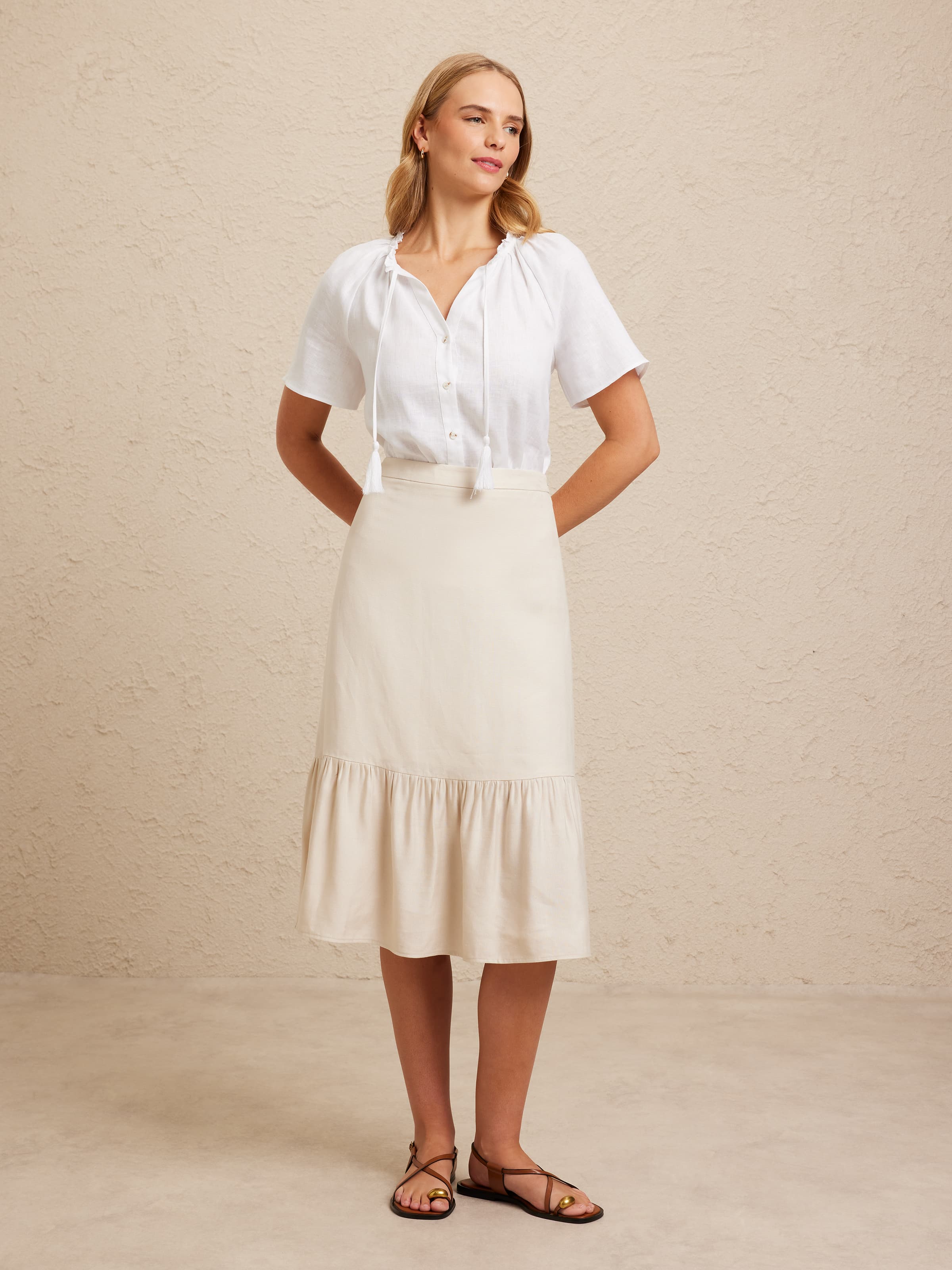 Linen Viscose Frill Hem Skirt
