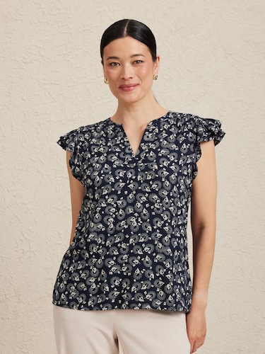 Notch Neck Flutter Sleeve Top                                                                                                   