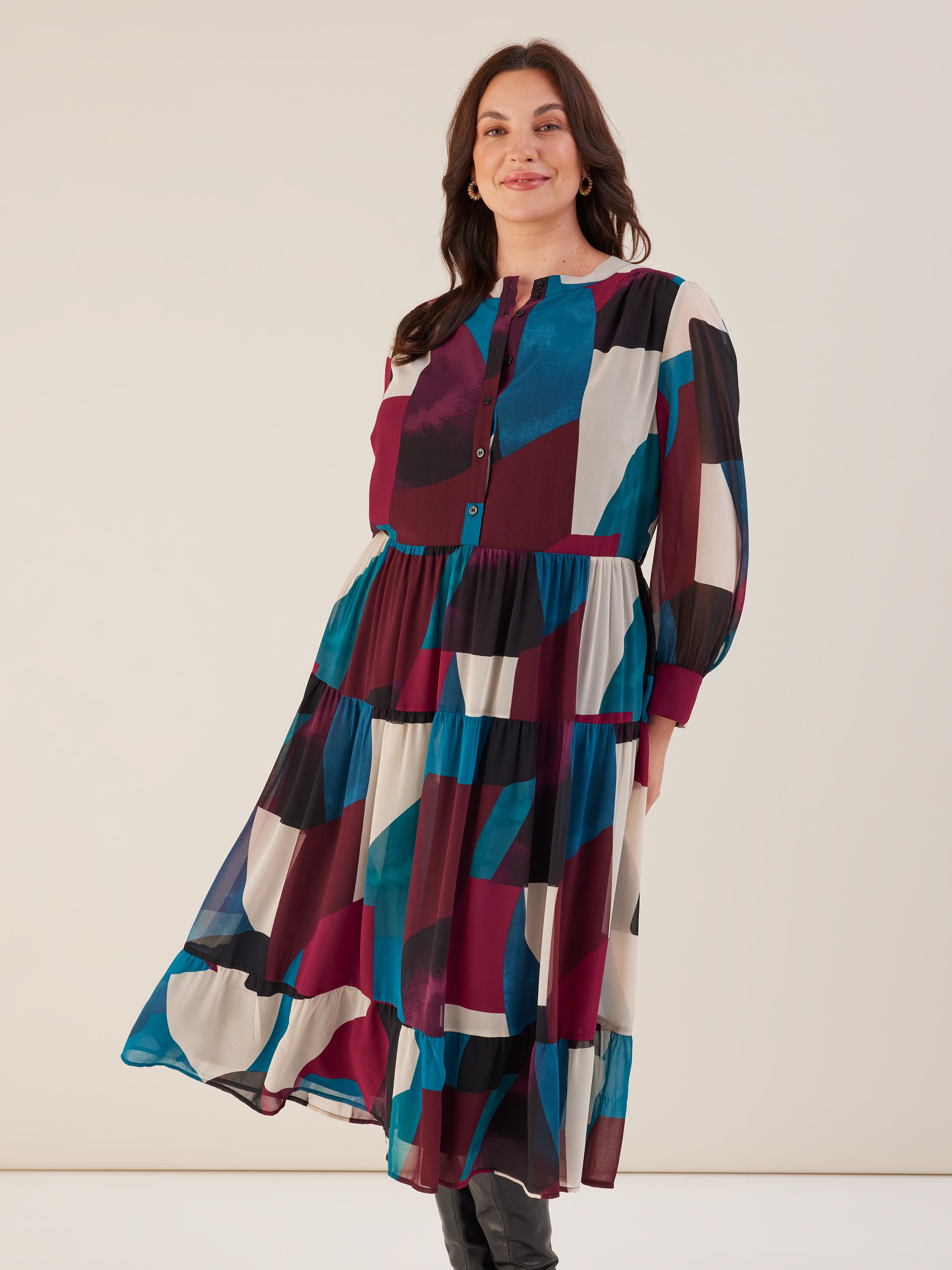 Curve Bronwyn Tiered Midi Dress Colour Blocked - JacquiE Online